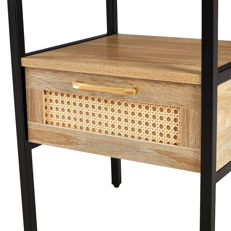 Modern Natural Rattan Wooden Nightstand/End Table/Side Table with Drawer(Set of 2)