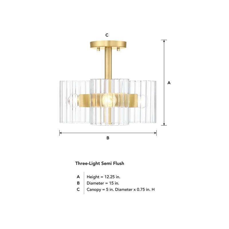 Aries 15 in. 3-Light Brushed Gold Transitional Semi Flush Mount Light