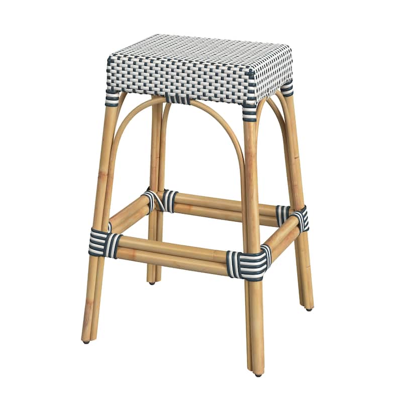 Robias Rectangular Rattan 30" Bar Stool - White/Navy Stripe/ Natural Rattan Frame