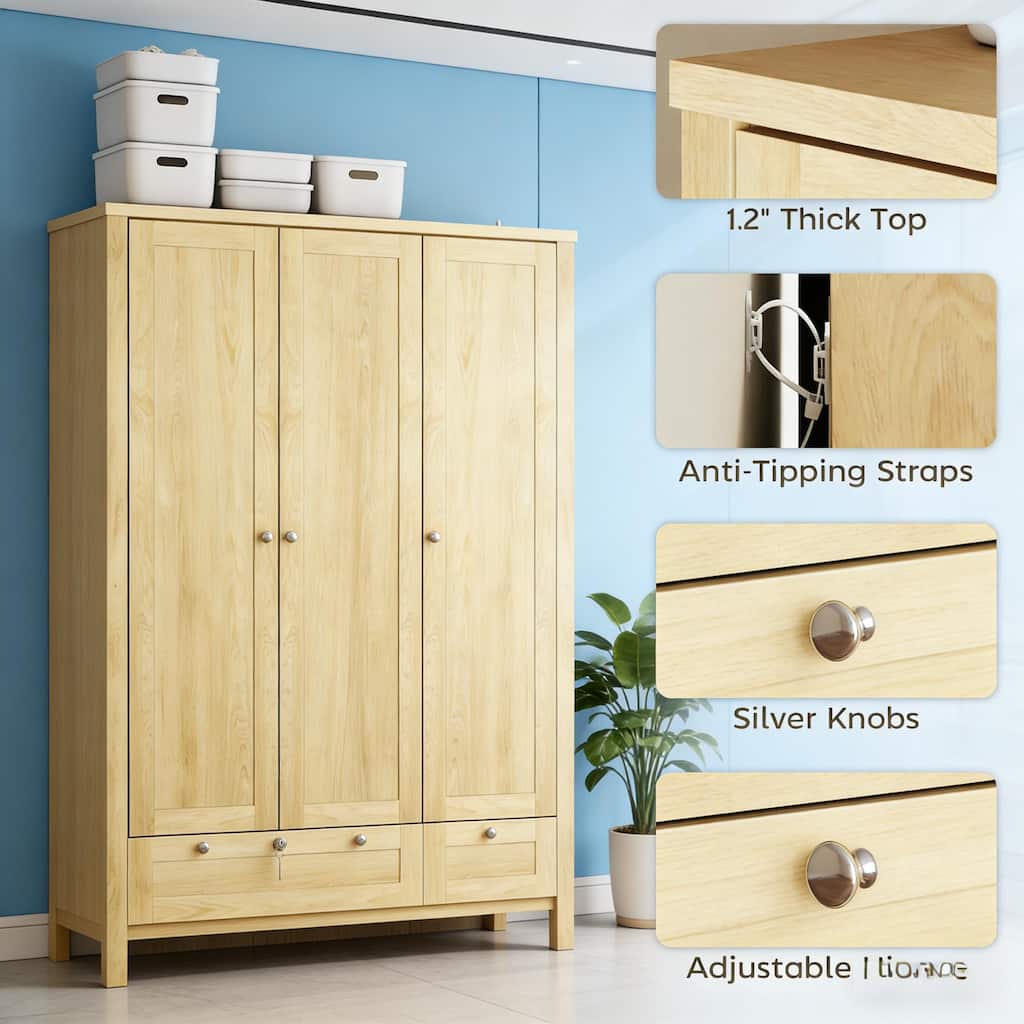 3 Doors Wardrobe Closet Folding and Hanging Areas Armoire