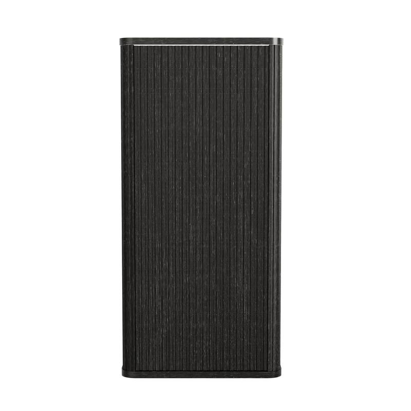 Wall-Mounted Floating Side Cabinet with Chic Striped Textures, Safe Curvy Design, Push-Open Door and Inside Shelves - 11.41X14.17 in - Black Brown + Engineered Wood