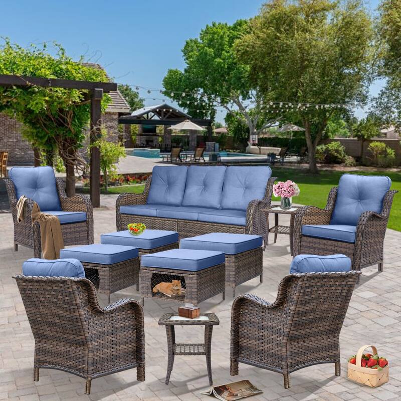 Brown Wicker Outdoor Patio Furniture Sofa Set with Denim Blue Cushions