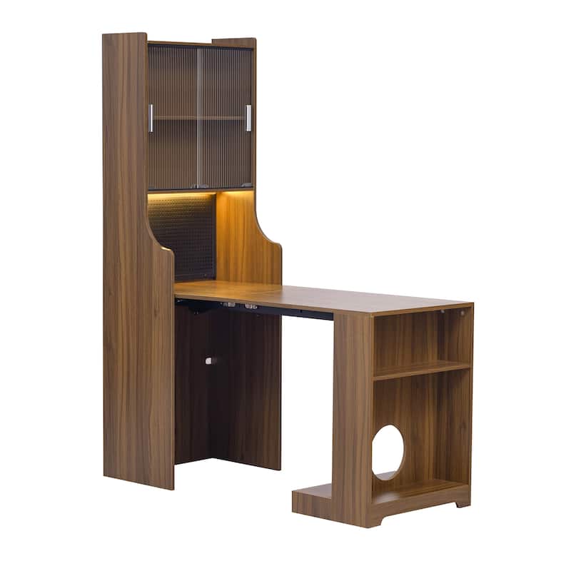 Foldable Wooden Desk with Hutch & Storage, Pet-Friendly Home Office Workstation with Shelves, Cat Bed & Scratching Post