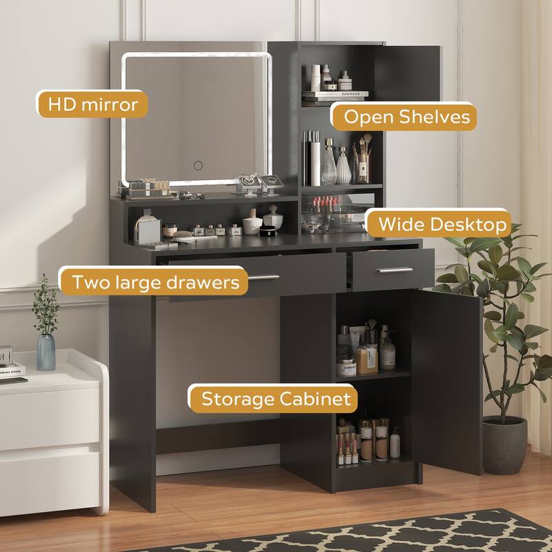 Modern Vanity Desk with LED Light Strip Mirror, Large Drawer & 3-Tier Storage, Adjustable Lighting Makeup Table