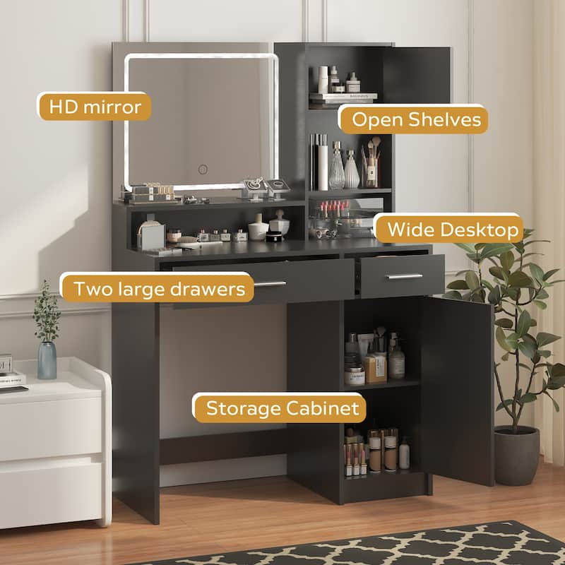 Modern Vanity Desk with Mirror, LED Light Strip and Storage