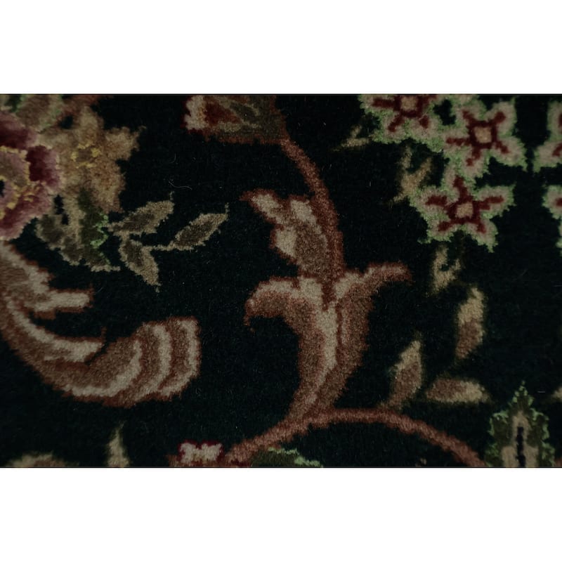 Hand Knotted Oriental Wool & Silk Carpet Traditional Floral Green Kashan Runner Rug - 10' 1'' X 2' 3''