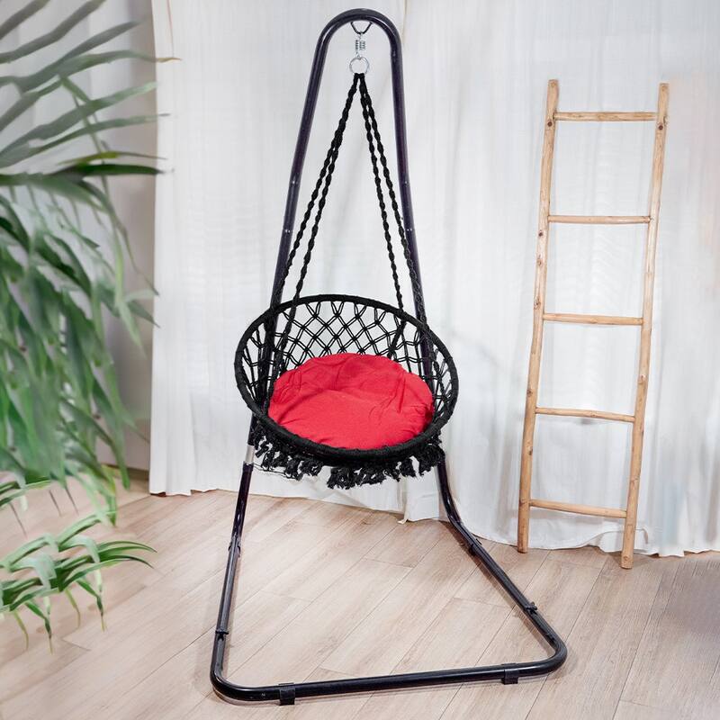 Bahia Macrame Hammock Chair Bedroom Rope Swing Indoor Outdoor Hand Woven Accent Chair - 42 x 32 in - Black/Red