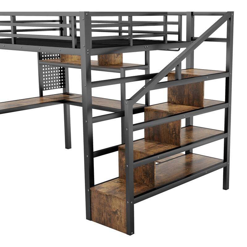 Full Size Metal Loft Bed with LED Lights, Charging Station, Desk & Staircase Storage - Black