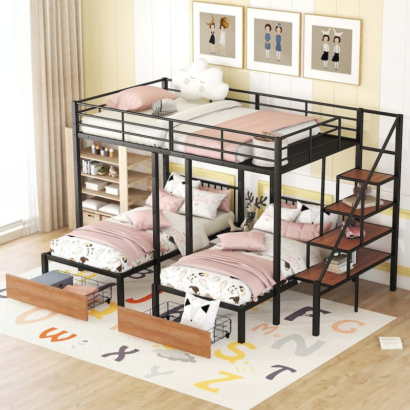 Full over Twin-Twin Triple bunk bed with drawers, Black