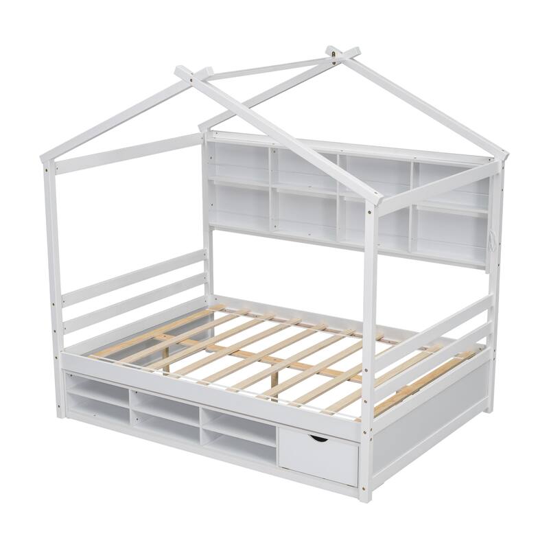 Full House Bed with Roof Frame, Bedside-shelves, Under Bed Storage Unit