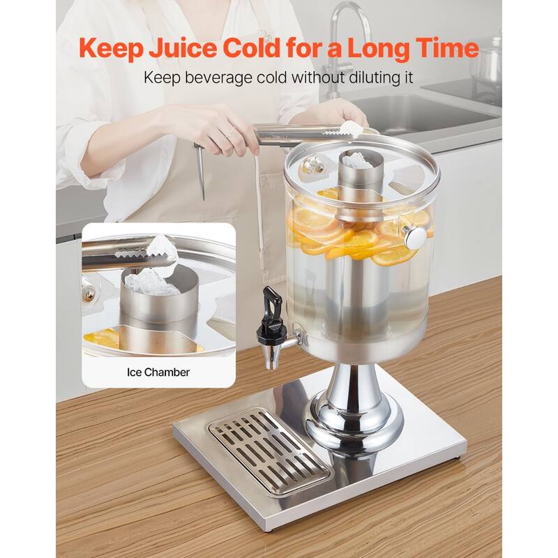 2.1 Gallon Stainless Steel Beverage Dispenser with No Drip Spigot and Ice Chamber for Events or Hotels