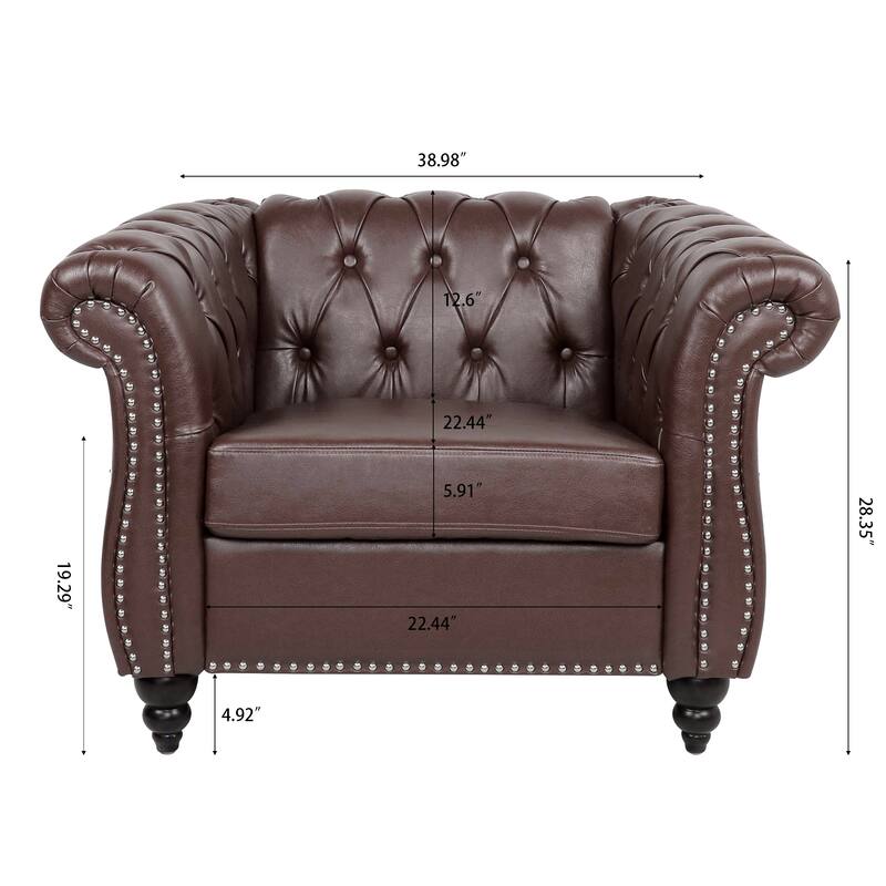 Dark Brown Leather Single Sofa Chair Barrel Chair with Nailhead Trim, Stylish Corner Chair Side Chair with Rolled Armrests