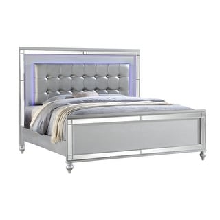 Sterling Queen Size Upholstered LED Bed made with wood in Silver Color