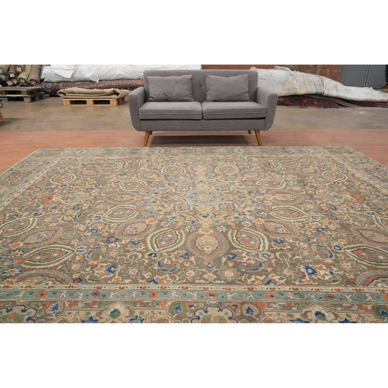 Hand Knotted Oriental 100% Wool Carpet Traditional Floral Greys & Charcoal Tabriz Area Rug - 11' 11'' X 9' 0''