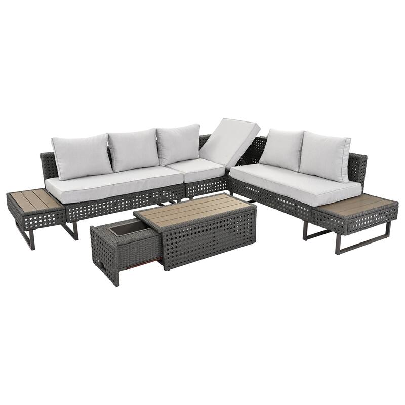 6-Piece Outdoor Patio Rattan Sectional Sofa Set with Adjustable Seat, Side Table, Coffee Table with Ice Bucket