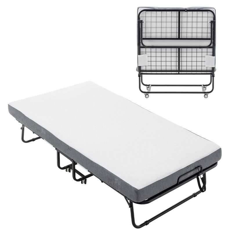 Folding Bed with Mattress, SPortable Foldable Bed with Storage Cover, SRollaway Bed with Memory Foam Mattress and Metal Frame
