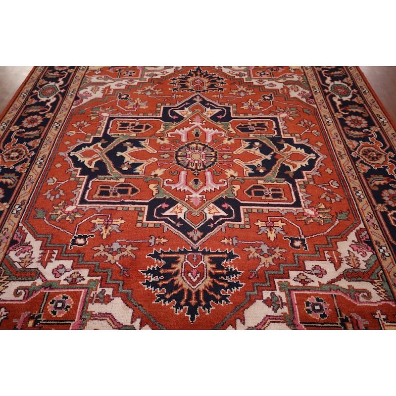 Geometric Heriz Serapi Indian Area Rug Hand-Knotted Wool Carpet - 8'0" X 10'4"