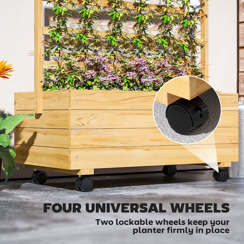 Outsunny Raised Garden Bed with Trellis and Wheels, Outdoor Wooden Elevated Planter Box, Freestanding Raised Flower Bed