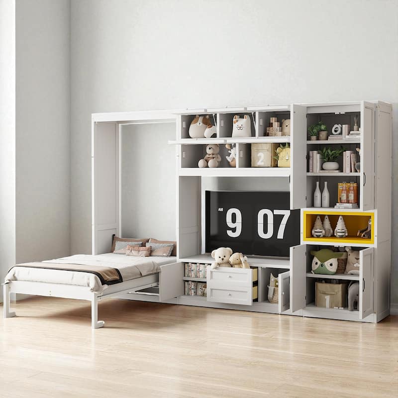 Twin Size Murphy Bed with TV Stand, 2 Storage Drawers, Shelves & Cabinets, Foldable Wooden Bed for Bedroom or Apartment