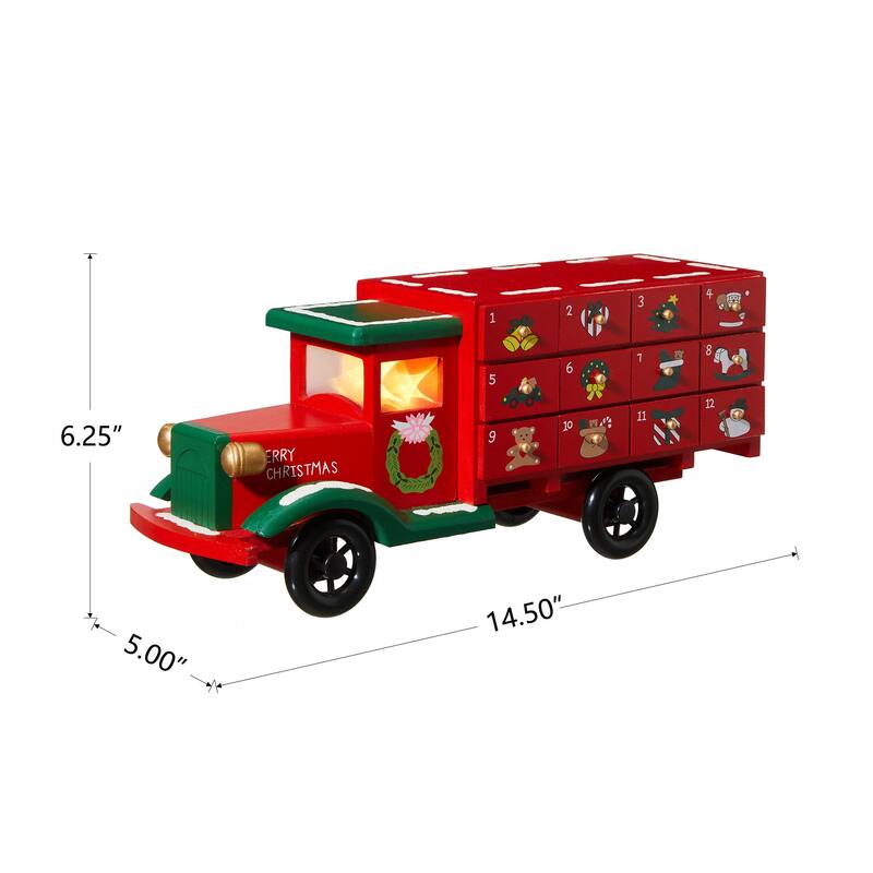 Glitzhome 14.5"L Wooden LED Christmas Truck Countdown Calendar Cute Gifts