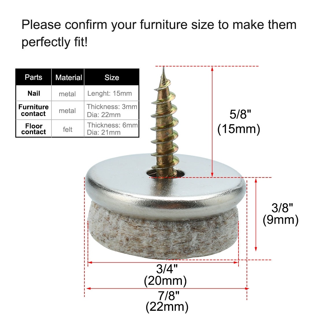 Screw on Felt Pads, 28 mm - Metal - Round - On-top (Diameter) - Indoor Floor