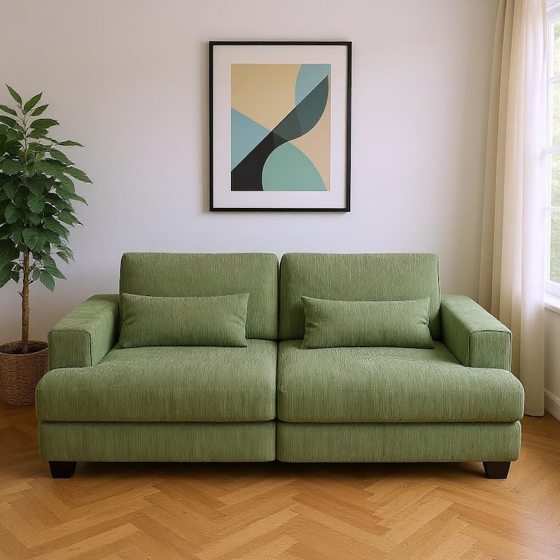 HomeRoots 93" Green Corduroy Modular Stainless Steel Sleeper Sofa With Toss Pillows - Green