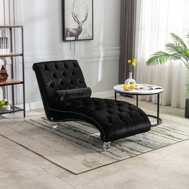 Button-Tufted Upholstered Velvet Recliner Chaise with Pillow and Acrylic Feet - Black
