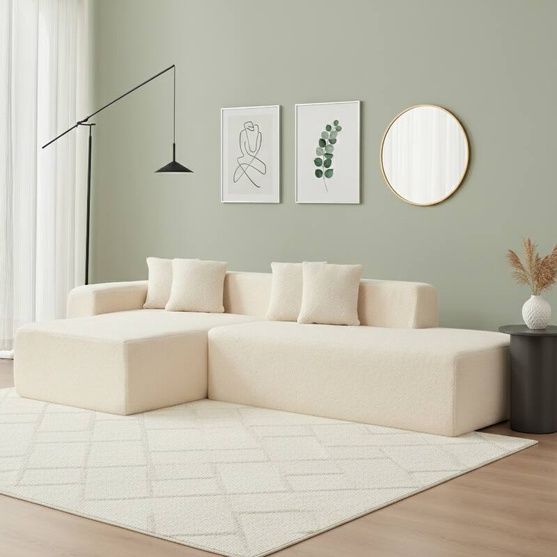 105.1" L-Shaped Modern High-Density Sponge Lambswool Upholstered Modular Sectional Sofa with Pillows - White-Lambswool