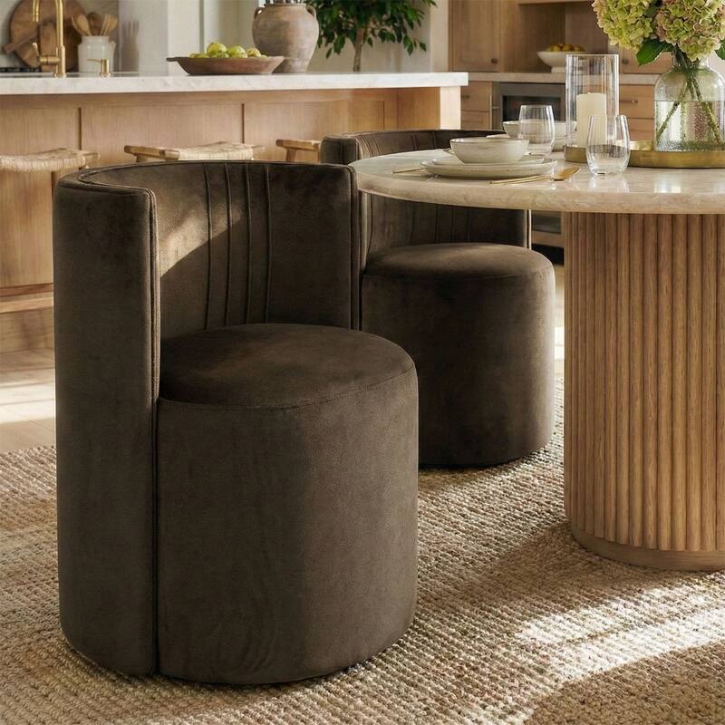 Velvet Swivel Dining Chairs with Rolling Casters, Upholstered Barrel Back Dining ArmChairs - Set of 2 - Mink imitation color-2-piece