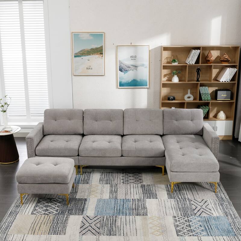 110.6" Velvet L-Shaped Sectional Sofa with Ottoman