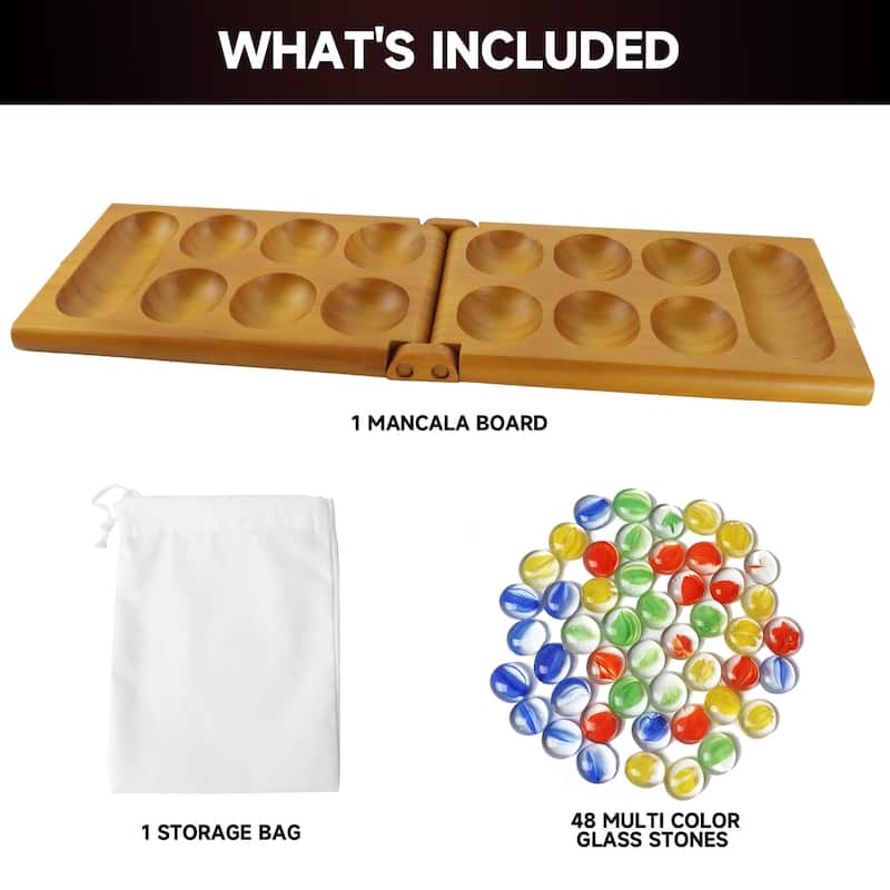 GSE™ Oak Folding Wooden Mancala Board Game with Multi-Color Glass Stones and Storage Bag