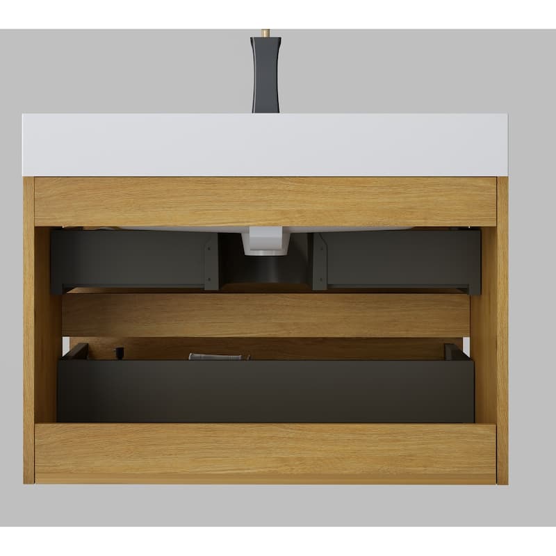 Single Sink Wall-Mounted Bath Vanity in Oak with White Solid Surface Top