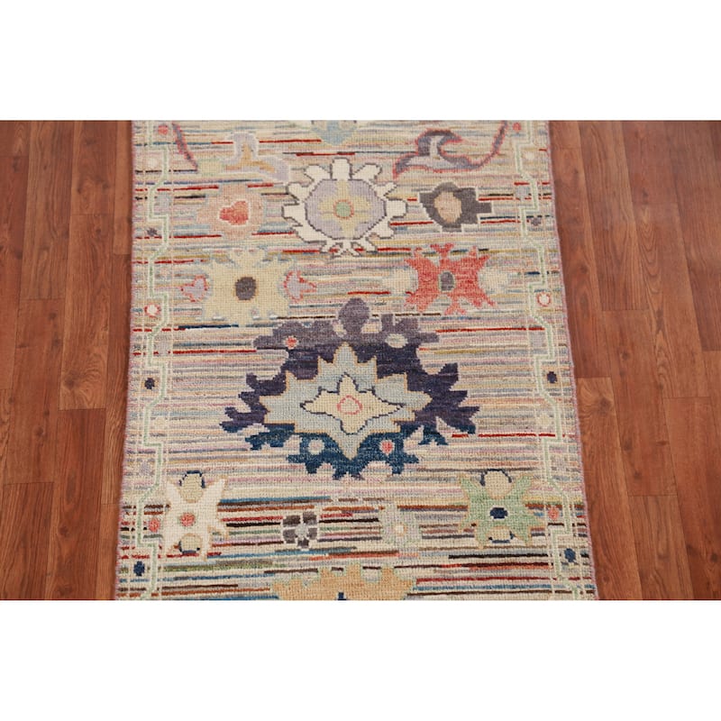 Hand Knotted Oriental 100% Wool Carpet Transitional Floral Multi-Colored Oushak Runner Rug - 9' 2'' X 2' 8''