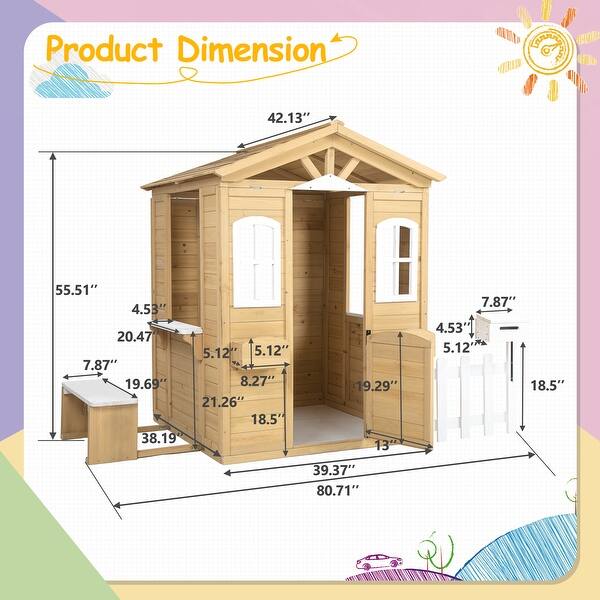 Wooden Playhouse for Kids Outdoor with Working Door, Windows, Mailbox, Bench, Flowers Pot Holder, 39" x 38" x 55.5"