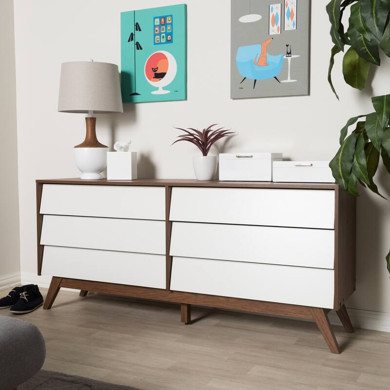 6 Drawer Dresser - White and Walnut Brown Double Dresser - Modern Storage Chest - Bedroom Living Room Furniture