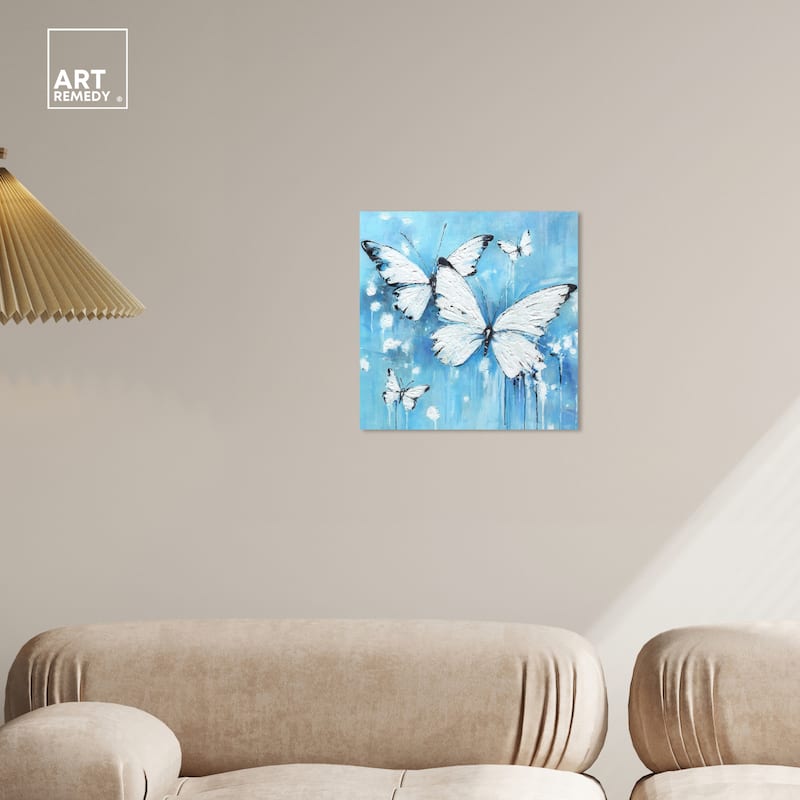 Art Remedy Textured Blue Butterflies Gallery Wrapped Butterfly 1 Piece Canvas Wall Art
