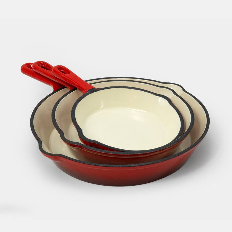 CookPro 3 Pc Cast Iron Skillet Set with Red Enamel Coating