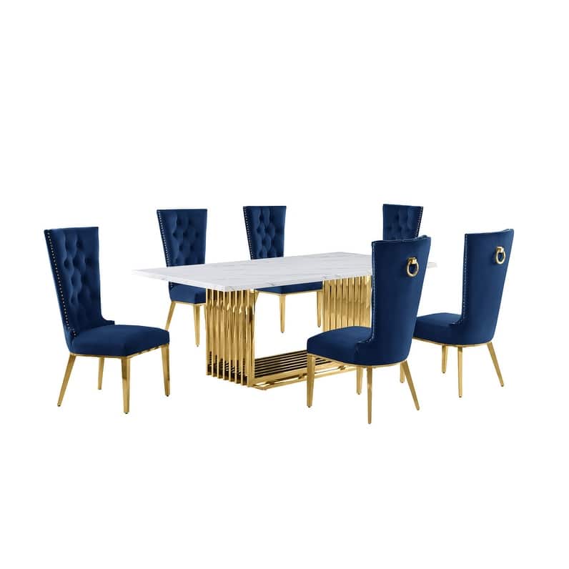 Best Quality Furniture D312/3-SC330-7 Dining Set with 79" White Marble Top