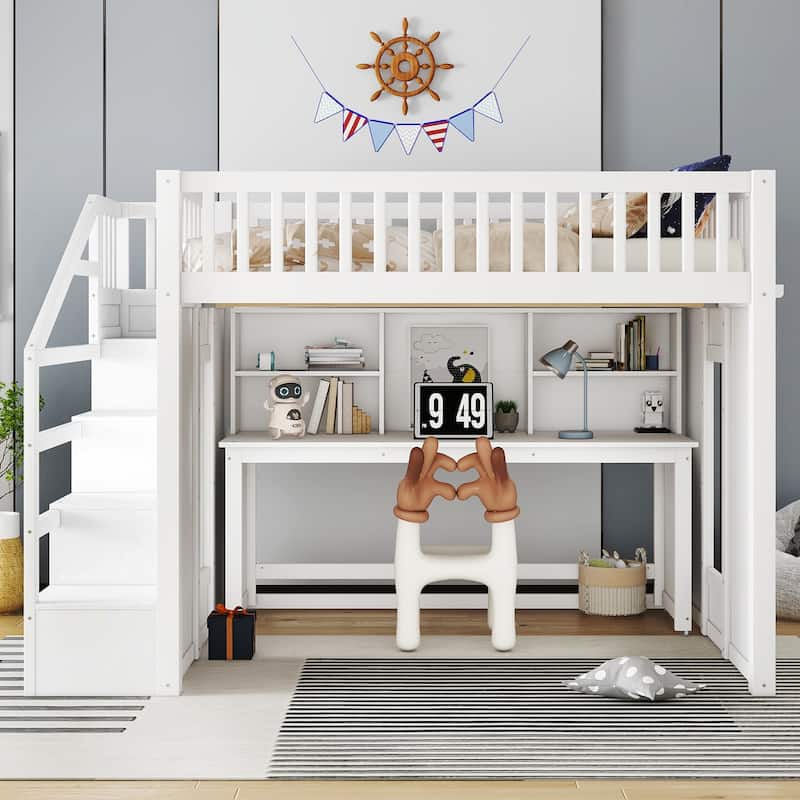 Children's Bedroom Solid Wood Loft Bed with Movable Desk, Storage Stairs, Shelves, Safety Guardrails and Optional Full or Twin