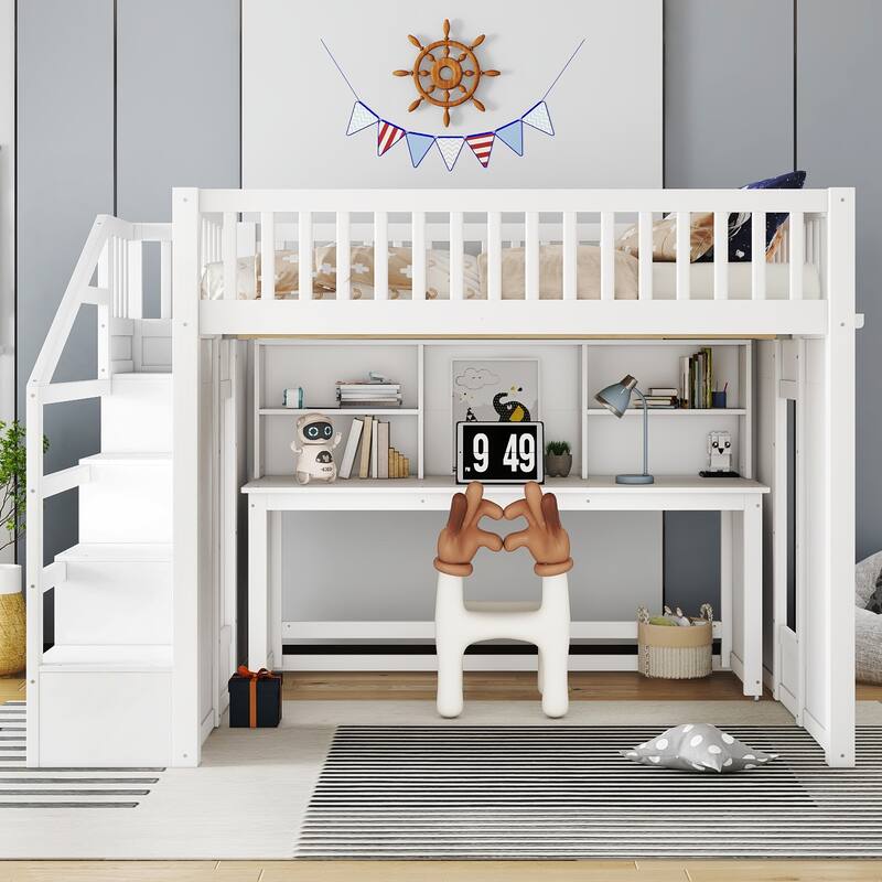 Full Size loft bed with movable desk and storage shelf, featuring storage stairs