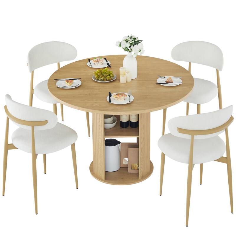 31.5" Round Dining Table Set with 2 Chairs, Modern Farmhouse Kitchen Table with 2-Tier Storage Shelf