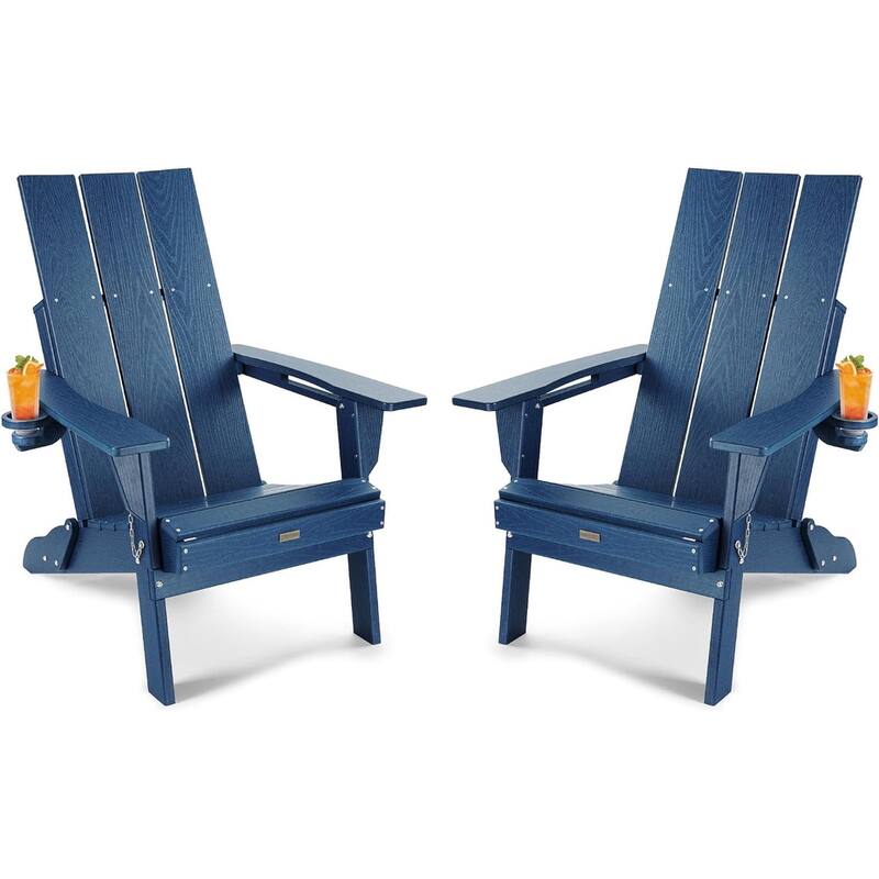 WINSOON Modern HDPE Outdoor Folding Adirondack Chair With Cup Holder-Set Of 2 - Navy Blue