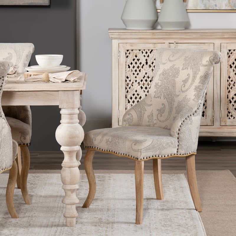 Gray and Cream Upholstered Accent Side Chair with Brown Solid Wood Frame