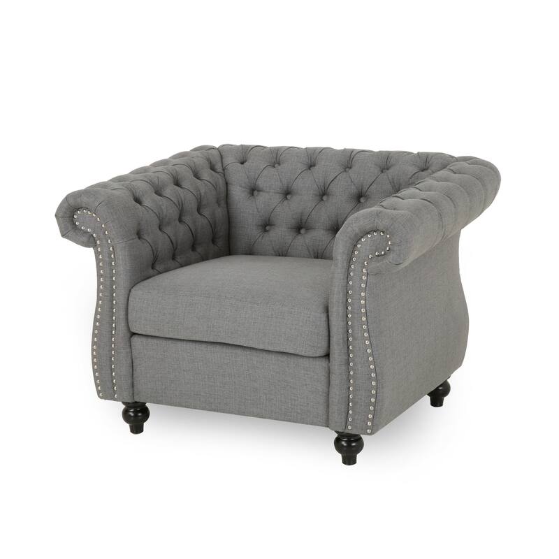 Roomfitters Tufted Chesterfield Accent Chair with Rolled Arms and Nailhead Trim, Upholstered Armchair for Living Room, Grey