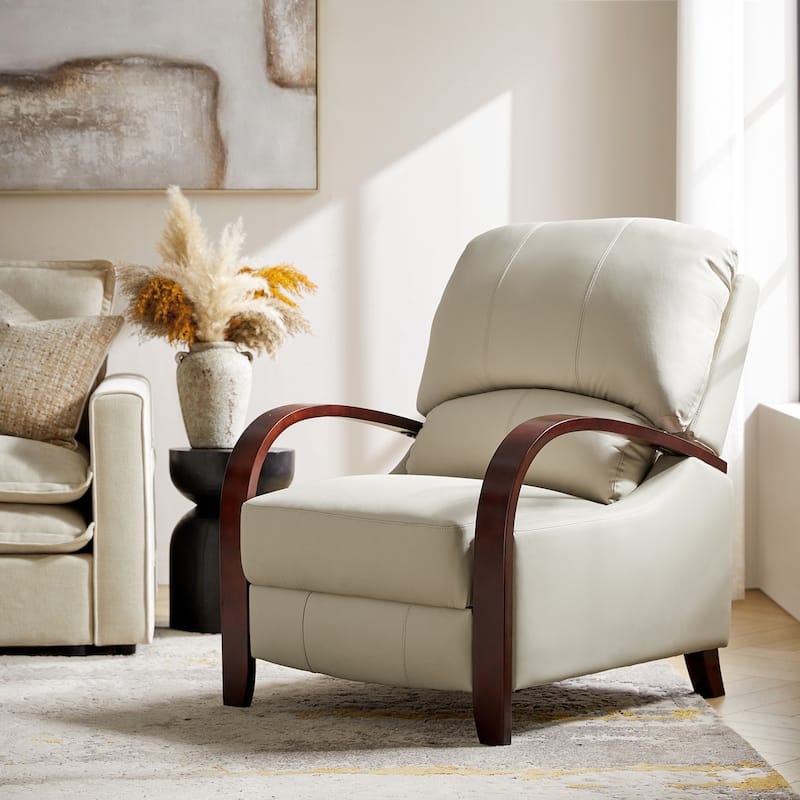 Alex Mid-century Modern Genuine Leather Manual Recliner with Wooden Curved Arms