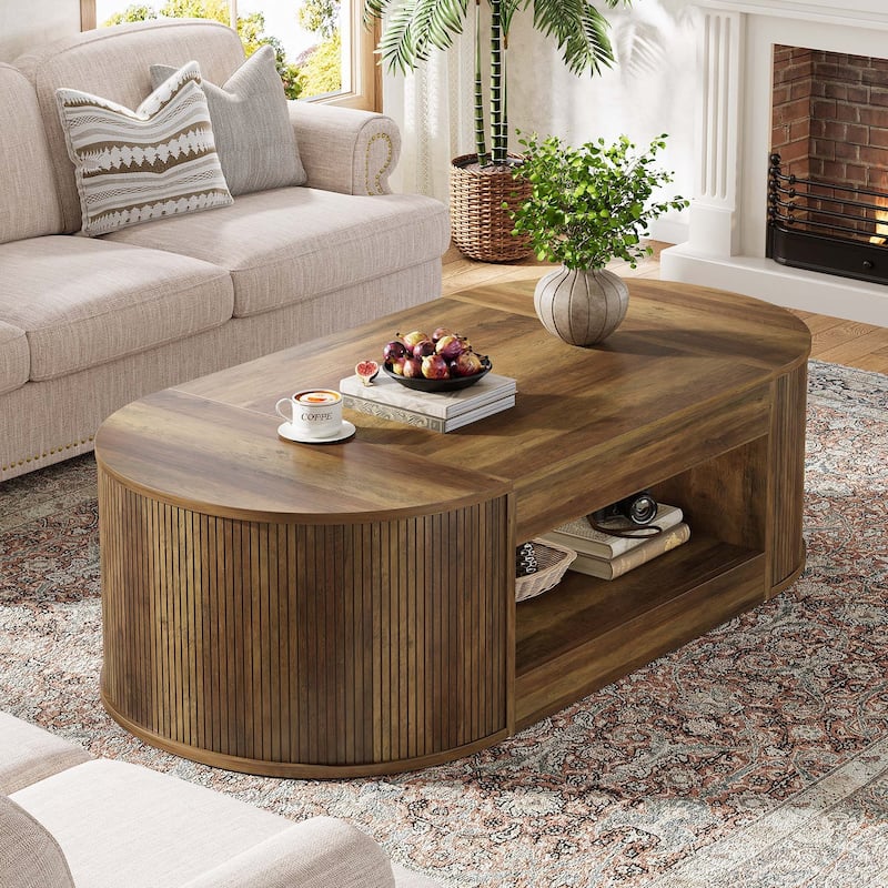55-Inch Farmhouse Coffee Table, Oval Center Table with Storage