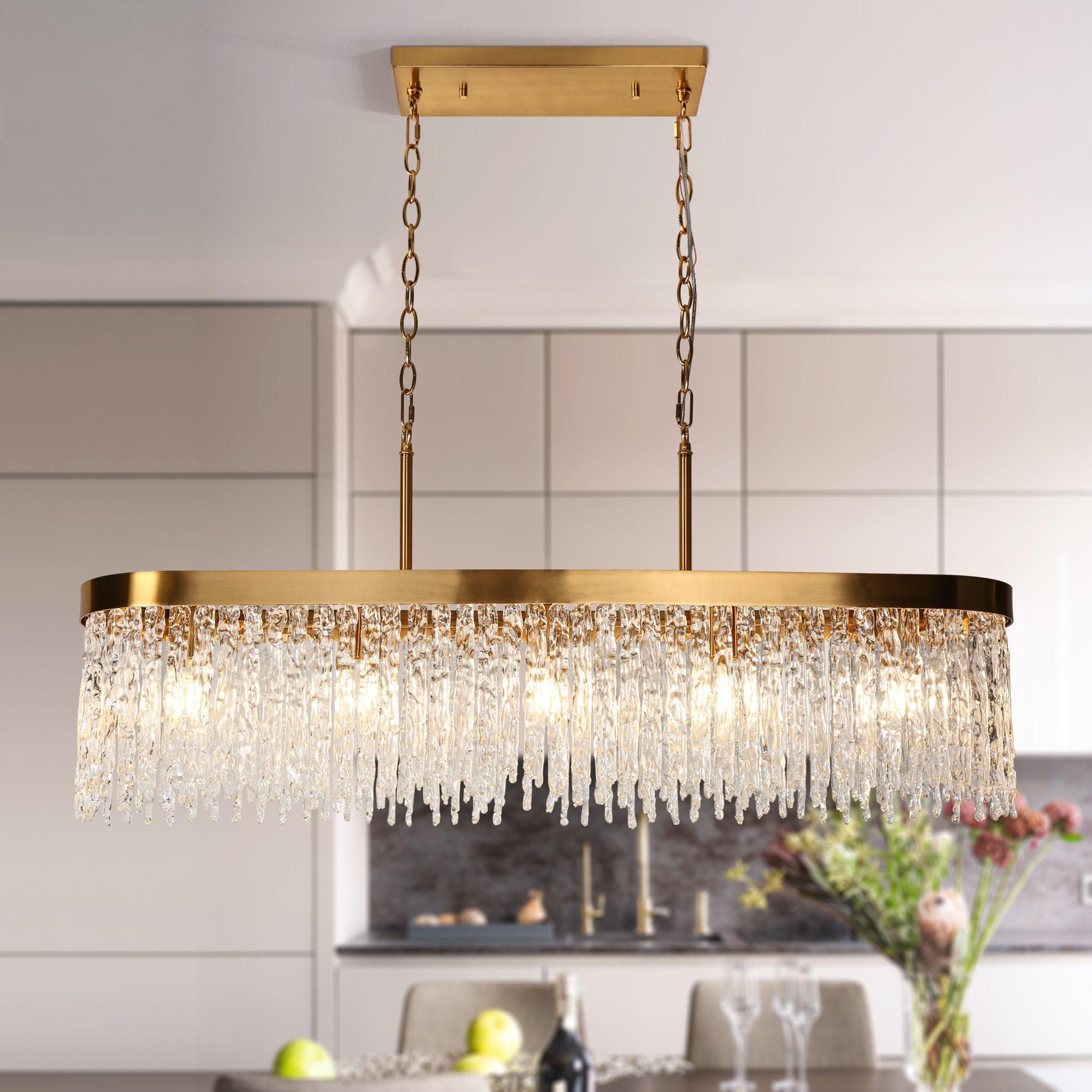 Glam Brass 5-Light Linear Icicle‑Glass Chandelier Statement Ceiling Light Fixture for Dining Room and Large Kitchen Island