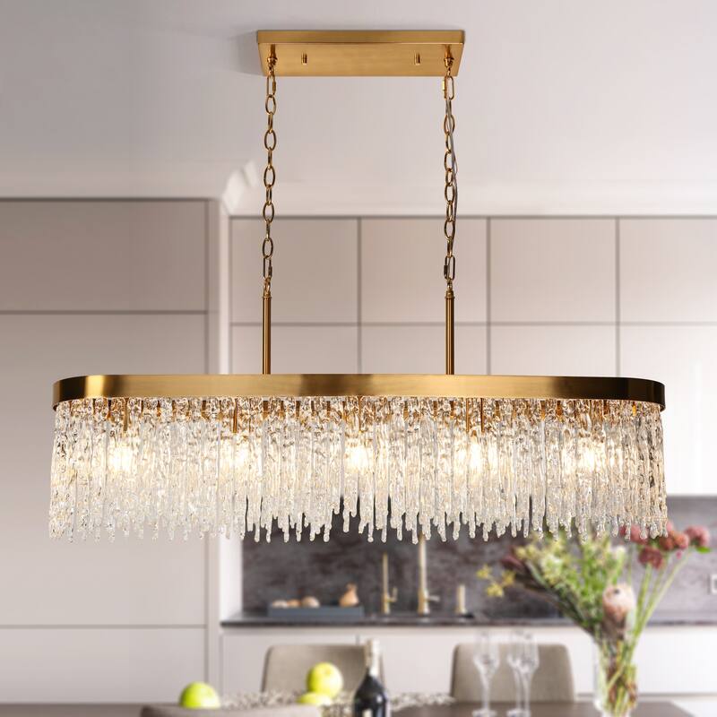 Modern Gold 5-Light Crystal Chandelier Rectangle Island Pendant for Kitchen Island Dining Room - 43.3" W x 19.2" H x 10" D