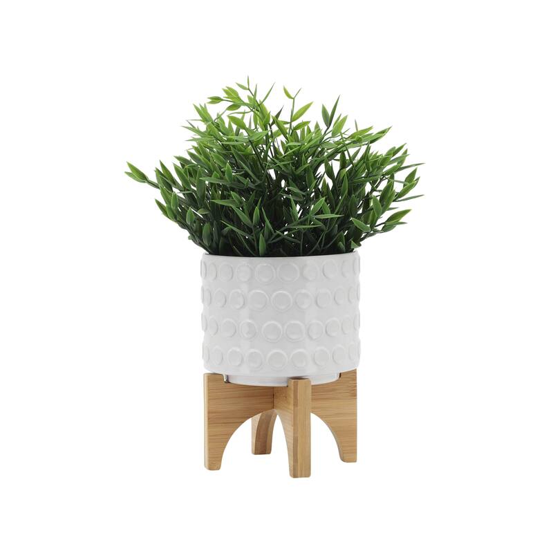 Sagebrook Home Ceramic Planters: Elevate Your Greenery with Stylish Bamboo Wood Stands - Perfect Home Decor Accessory