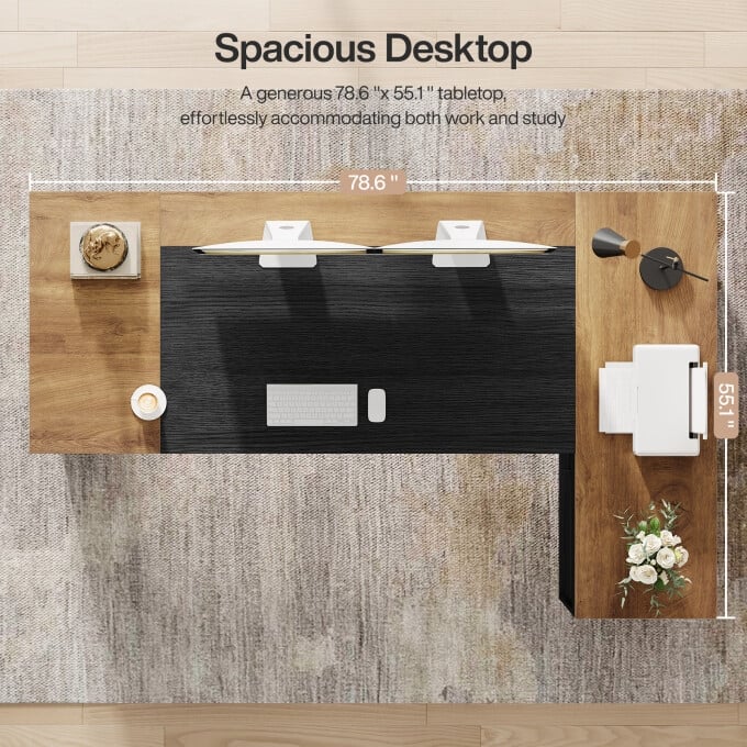 78" L Shaped Executive Office Desk with Cabinet and Storage Shelves